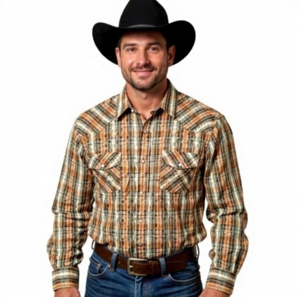 2XL👔Levi's Western Brown&Orange&Tan Plaid Button Down Shirt